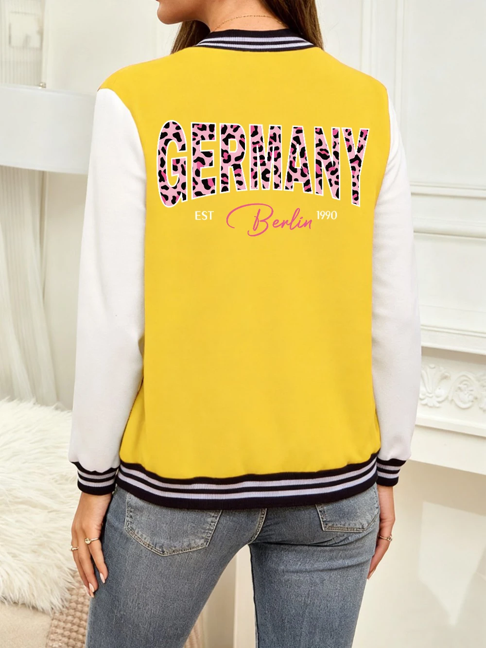 

Germany Berlin Leopard Printing Baseball Jersey Women Comfortable Loose Coats Winter Fleece Warm Jackets Basics Casual Clothes