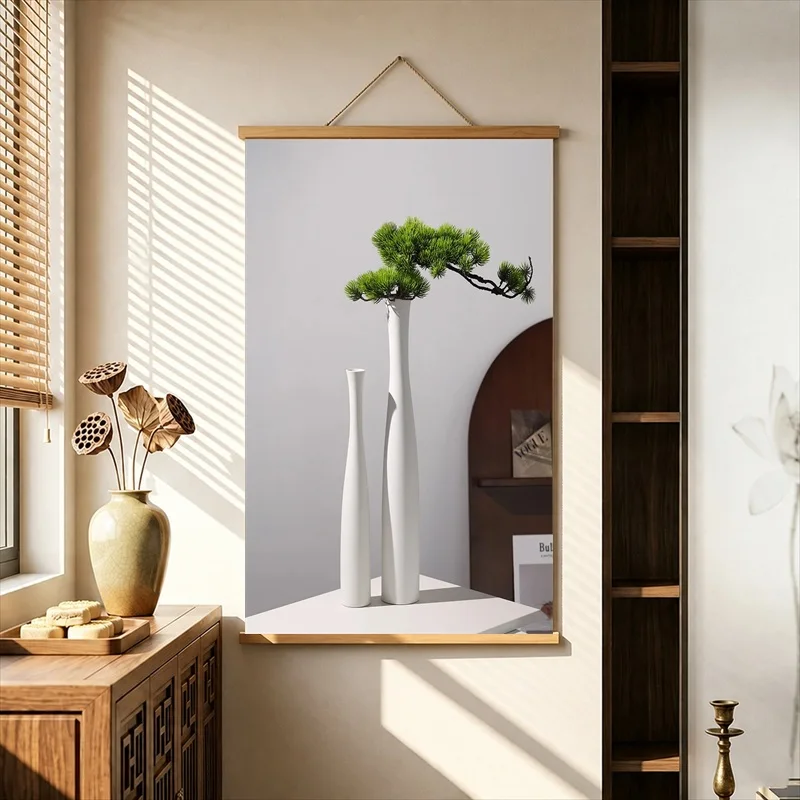 Home Decor Items Tall Black Vases with Minimal Green Branches, Pearlescent Canvas Hanging Scroll for Furniture Showroom Interior