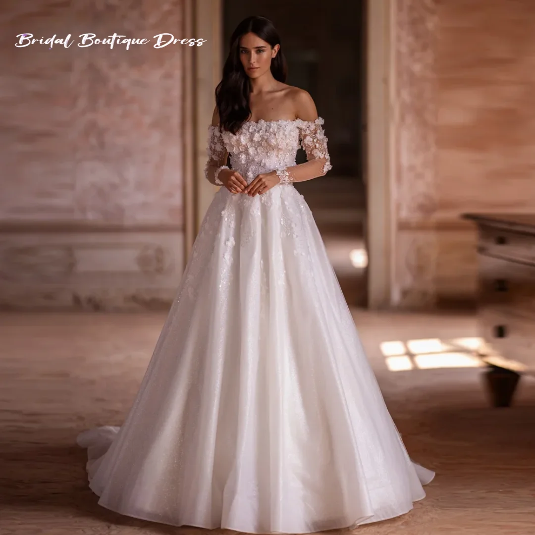 

Customized Gorgeous A-Line Vintage Wedding Dresses Boat Neck Long Sleeve Vestido De Novia Embroidery Appliques Bridal Gown Train