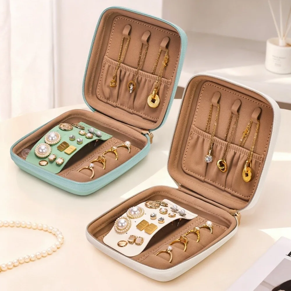 

Leather Trinkets Storage Organizer Large Capacity Dustproof Jewelry Storage Case Simple Solid Color Portable Jewelry Organizer
