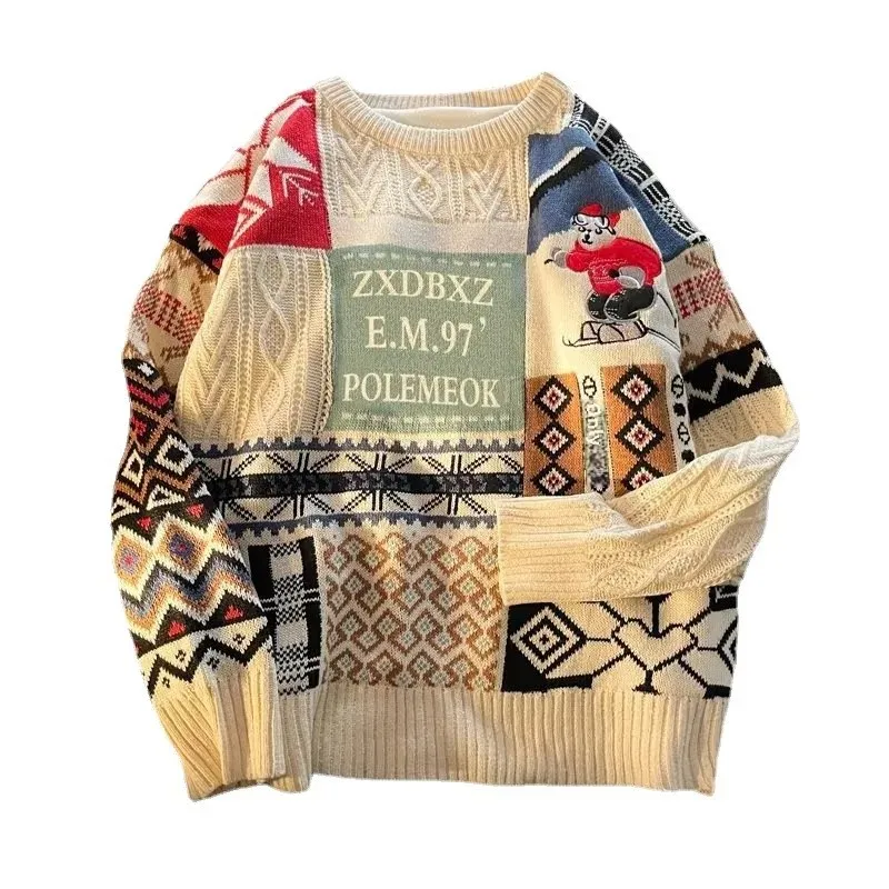 خمر النمط الأمريكي جولة الرقبة فضفاضة تناسب سترة عارضة عيد الميلاد الزخرفية سترة اليابانية العصرية الخريف/الشتاء لباس خارجي