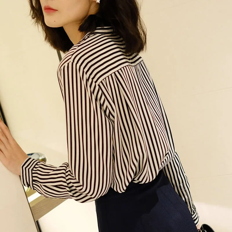 PU leather Collar Full Sleeve Shirt Office Lady Striped Blouses Elegant Women Shirts Silk Cotton Woman Blouse