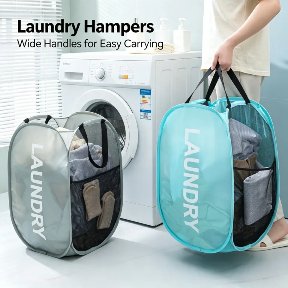 Collapsible Portable Mesh Laundry Hamper with Side Pocket