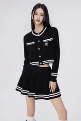 Women's Elegant Pleated Skirt Set, Slim Button, Knitted Cardigan, High Waist, Mini Preppy Skirt Outfits, Korean Fashion, Autumn