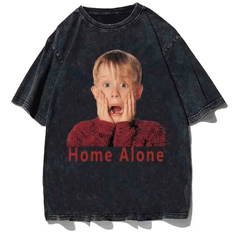 Movie Home Alone Graphic T-shirt Kevin Printed Tshirt High Quality Cotton Loose Oversize Tees Tops Vintage Washed Men T Shirt