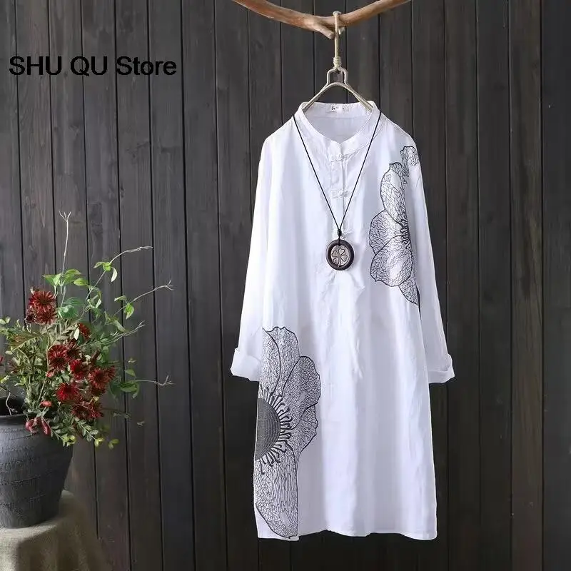 2024 Autumn Women Vintage Floral Embroidery Cotton White Long  Shirt Stand Collar Button Up Blouse Casual Wear Basic Loose Tops