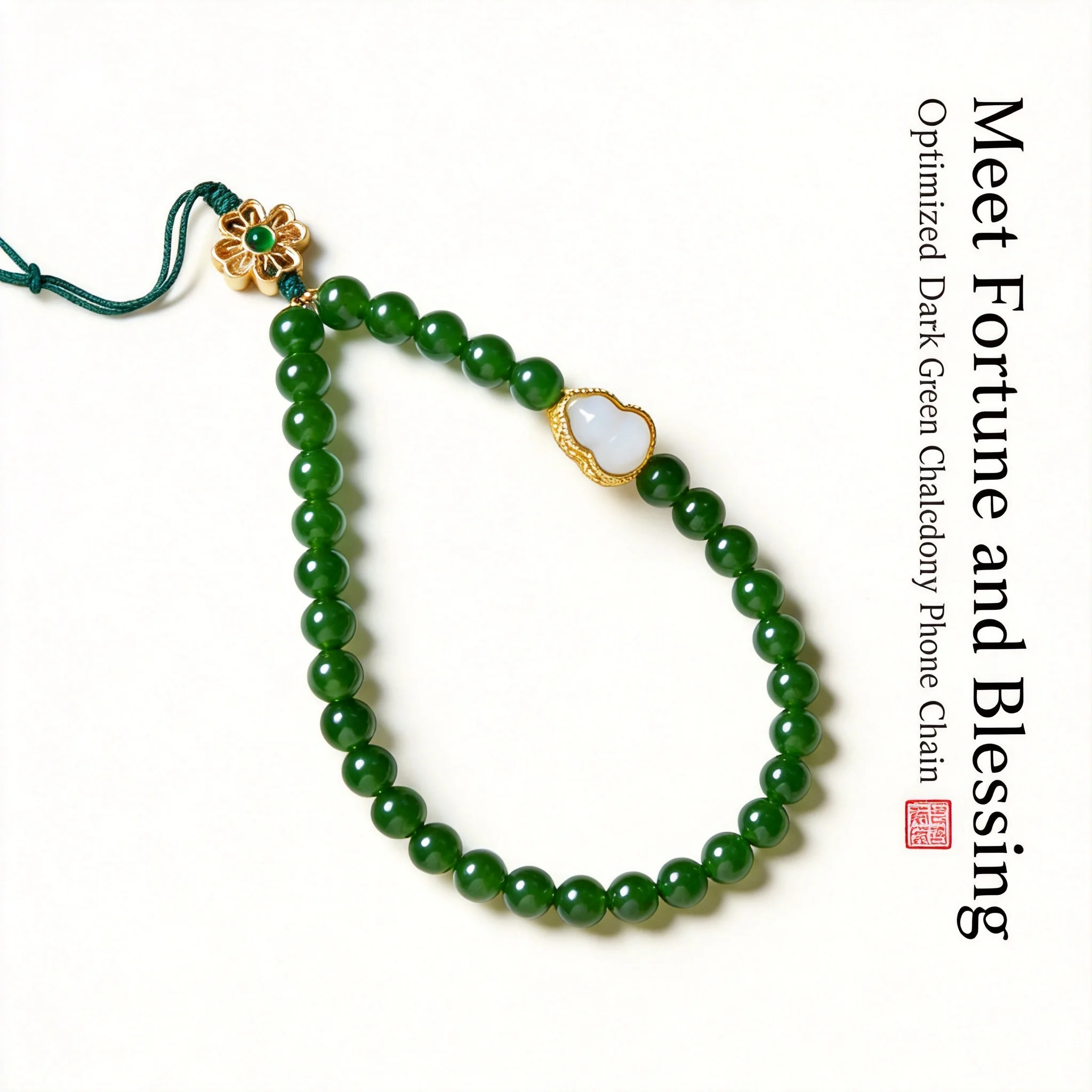 

Chinese Style Lucky Dark Green Chalcedony Beaded Wrist Phone Lanyard Anti Lost Gourd Charm Feng Shui Blessing Wealth Attracting