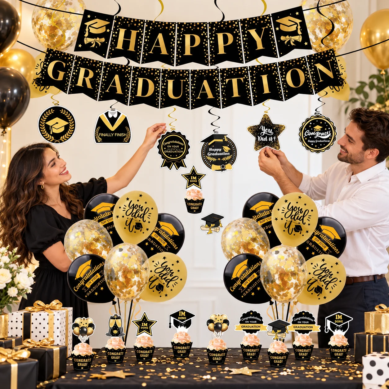 2026 Graduation Party Decoration Kit Congratulations Banner Hanging Swirls Photo Booth Props Class Party Supplies for Graduates