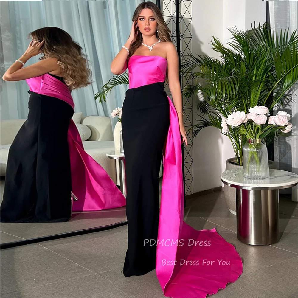 Charming Pink Satin Evening Party Dresses Customized Strapless Floor Length Simple Party Dress Arabic Women Formal Evening Gowns