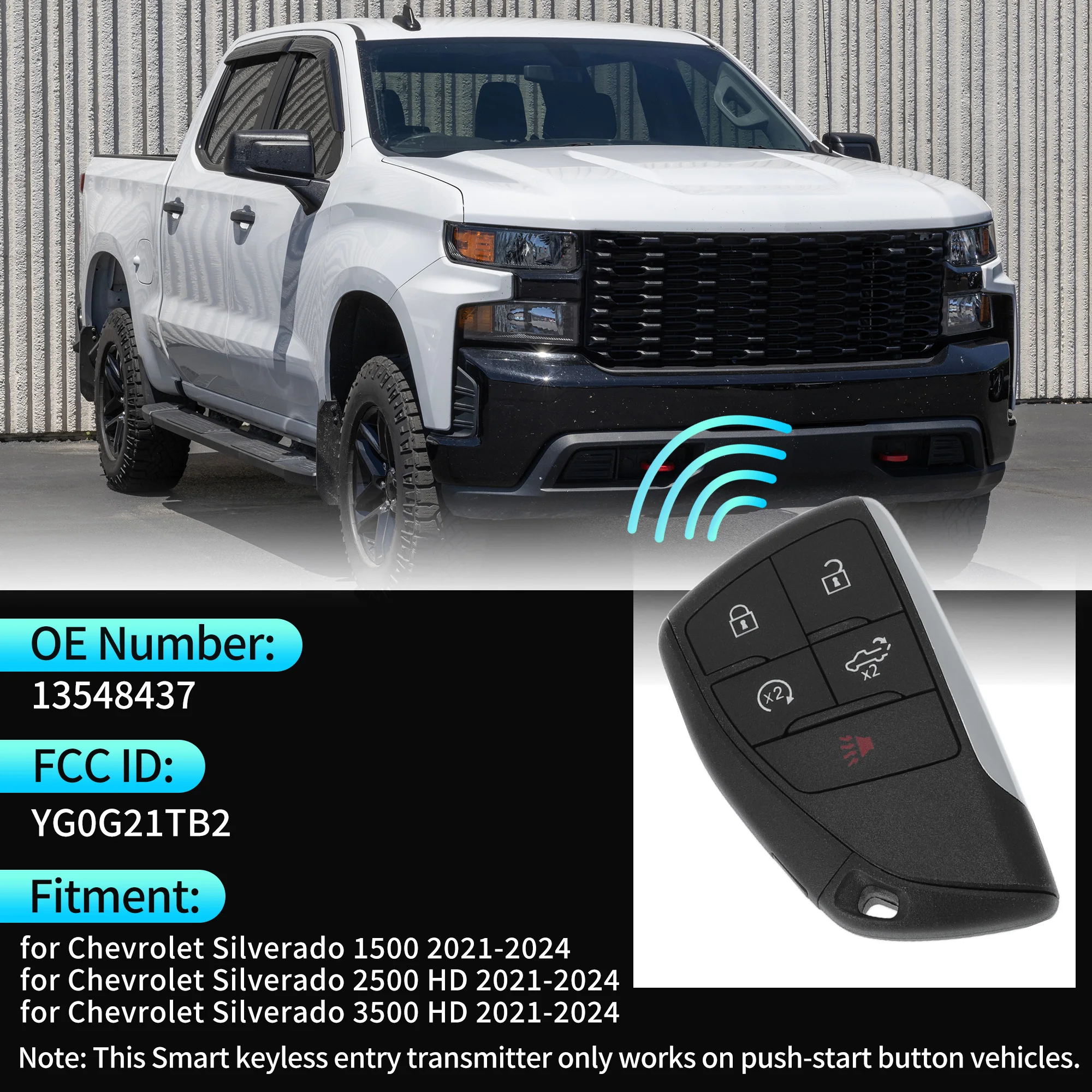 UXCELL YG0G21TB2 433 MHz Keyless Entry Remote Key Fob for Chevy Silverado 1500 21-24