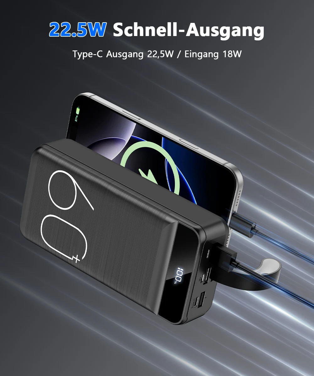 Hganus 60000mAh Powerbank 22,5W Schnellladung mit Taschenlampe Tragbare Powerbank Externer Akku für iPad iPhone Samsung Xiaomi – Detail 3
