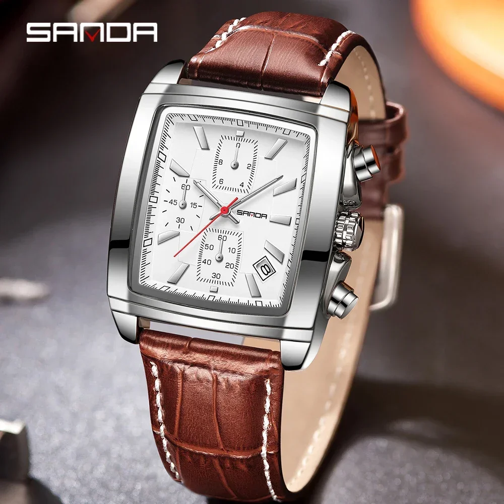 SANDA-reloj analógico de negocios para hombre, cronógrafo de cuarzo rectangular luminoso con correa de cuero elegante para deporte y trabajo