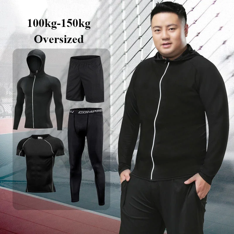 For 150 Kg Men's Sports 5pcs Set T-shirt + Active Shorts + Leggings + Long Sleeve Compression Shirt Tracksuits Gym Wear Men