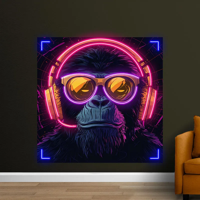 Toysign Custom Neon Light, Futuristic Neon Monkey with Headphones - High Tech Vibe, LED Wall Art for Cyberpunk Room Aesthetic