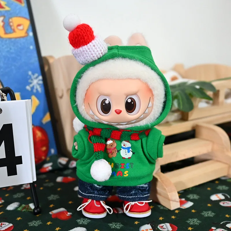 

17cm Labubu 1-3 Gen Doll Outfits Christmas Deer Skirt Red Sweater Hat Suspender Pants Clothes for Labubu Accessories No Shoes