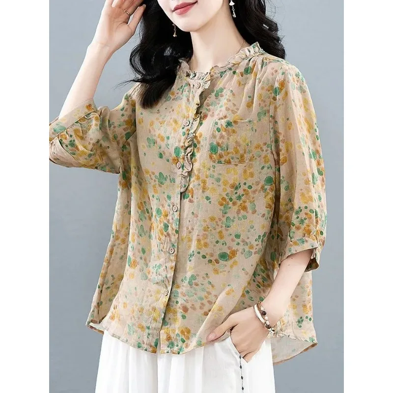 Women Ruffled Collar Printed Blouse  Sleeve Loose Plus Size Elegant Summer Ladies Shirt