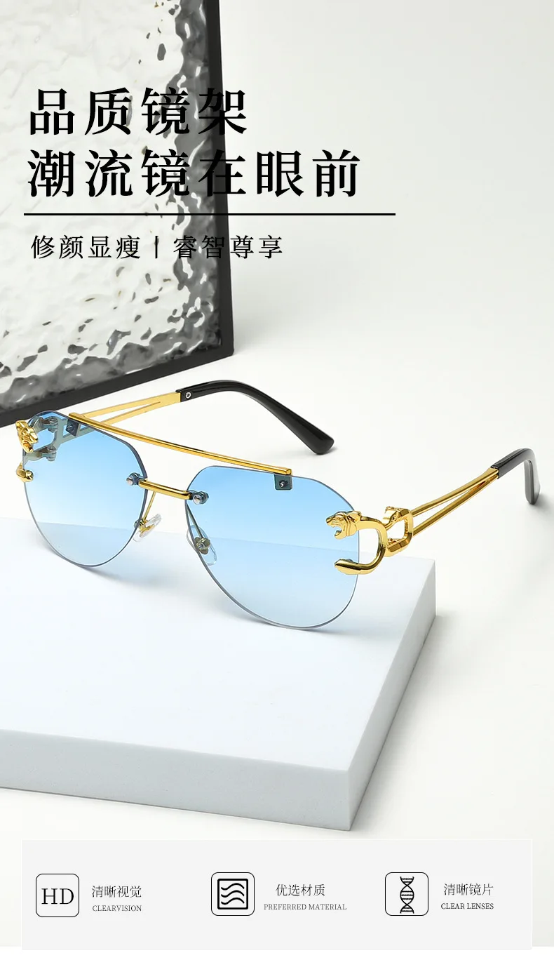 Neue randlose Piloten-Sonnenbrille mit Metallrahmen für Damen und Herren – Große runde Sonnenbrille mit Farbverlauf für Reisen – Detail 1