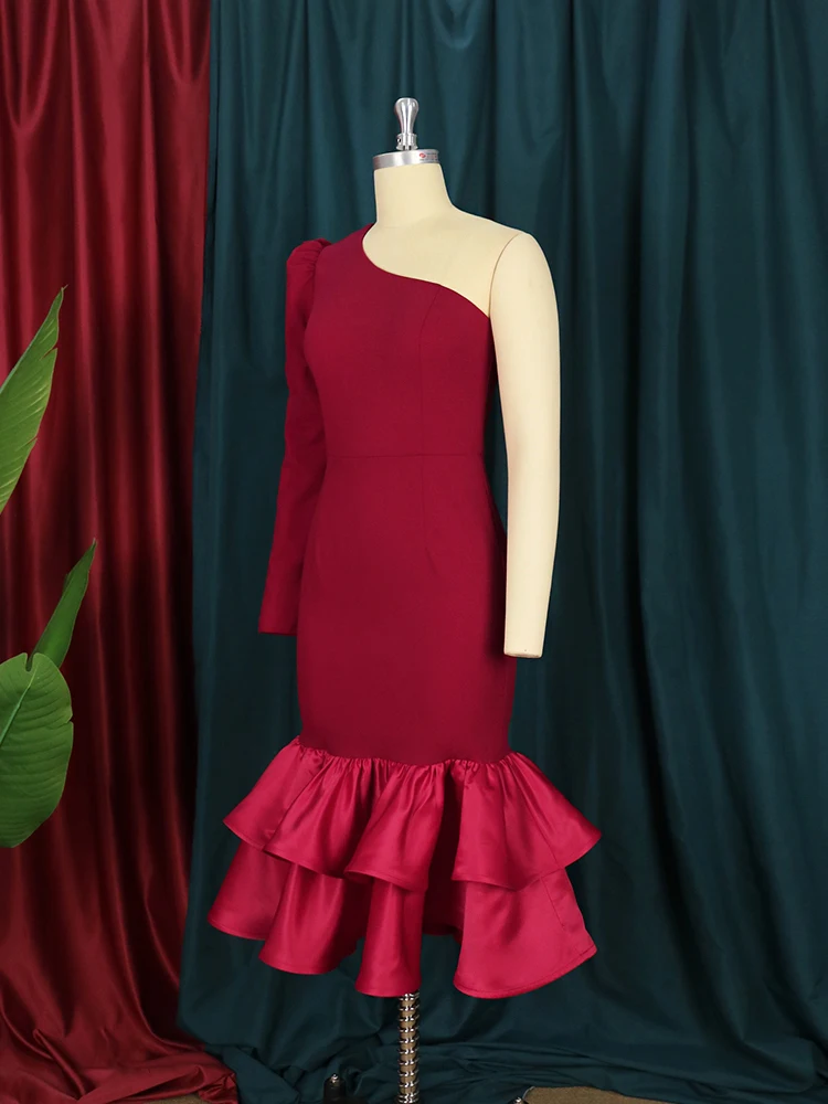 One Shoulder Dress Summer Plus Size 4XL Sexy Bodycon Burgundy Ruffles Patchwork Outfits for Ladies Evening Cocktail Party Gowns