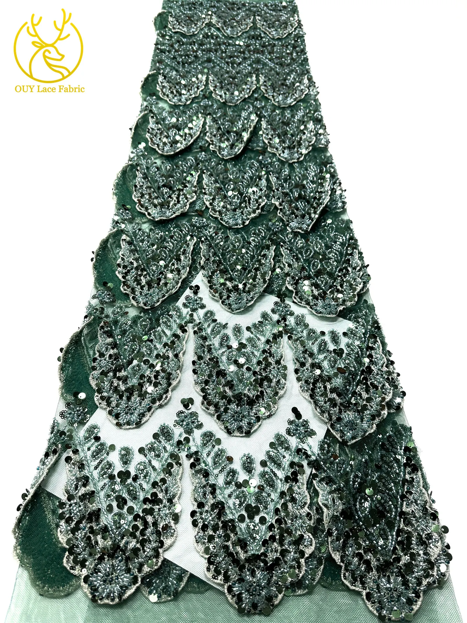 Hochwertiger luxuriöser französischer 3D-handbestickter Perlen-Spitzenstoff, 5 Yards, afrikanischer nigerianischer Pailletten-Spitzenstoff für Braut- und Partykleider – Detail 23