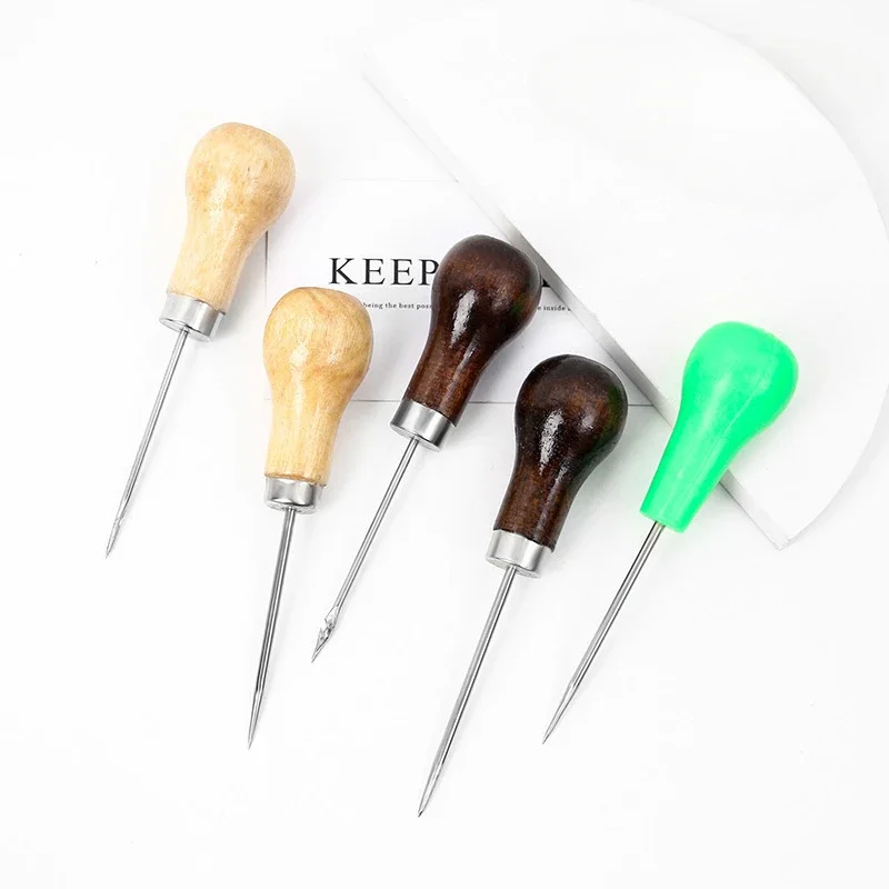 1pc Awl Pricker Hole Maker Cone Punch Sewing Stitching Leather Craft Shoemaking Tool Wooden Handle Drilling with Hook Stabber