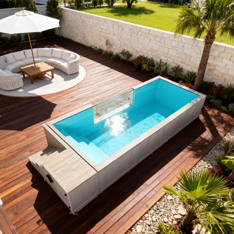 Piscina Prefabricada en Contenedor de 40 pies, Modular, de Acero, Personalizable, para Hotel, Jardín, Resort, con Asientos, Sofá y Barandilla