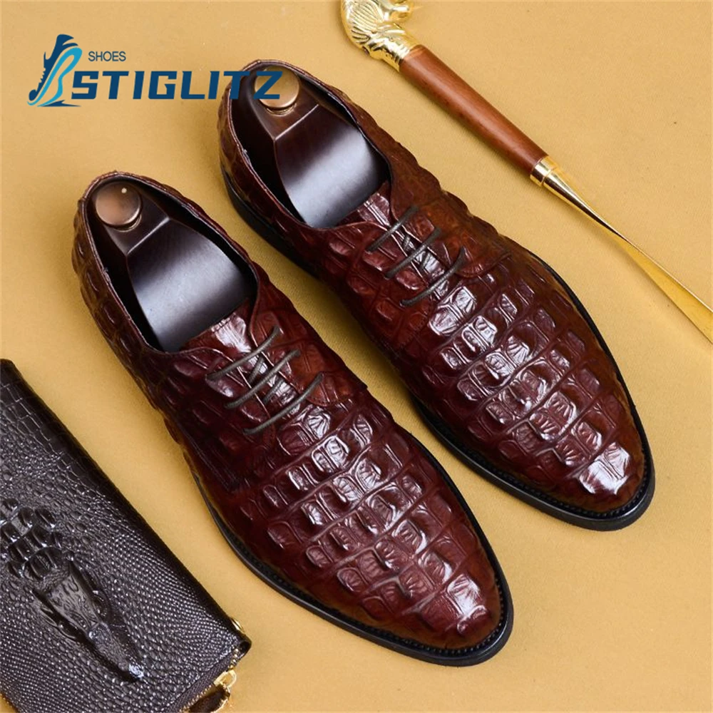 Embossed Crocodile Lace Up Oxfords Round Toe Shallow Genuine Leather Loafers Men\'s Business Formal Wear Shoes Men\'s Casual Shoes