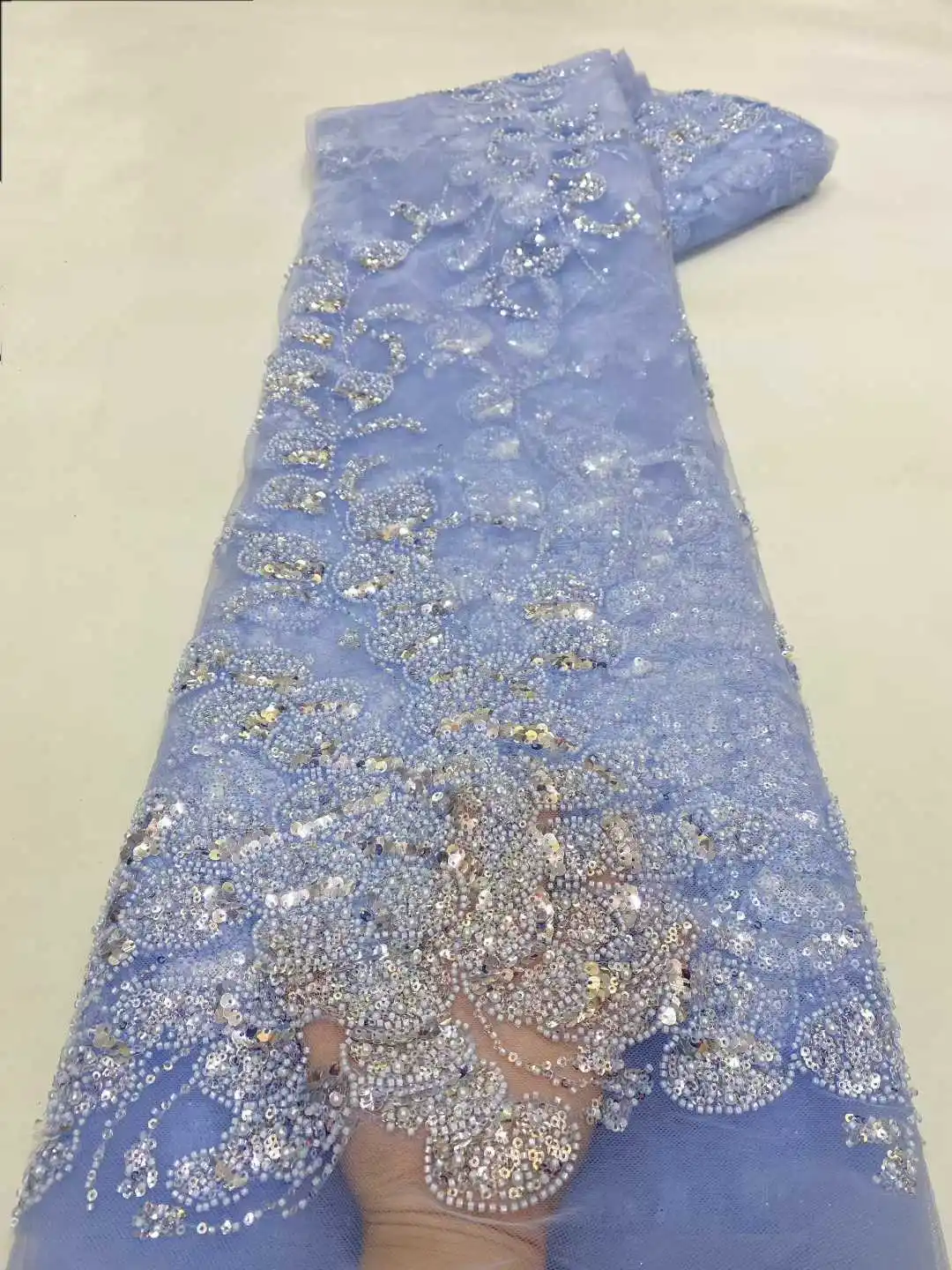 

Elegant French Mesh Lace Fabric with Beads Embroidery And Sequins for Wedding Dresses African Nigerian Beaded Design for Women