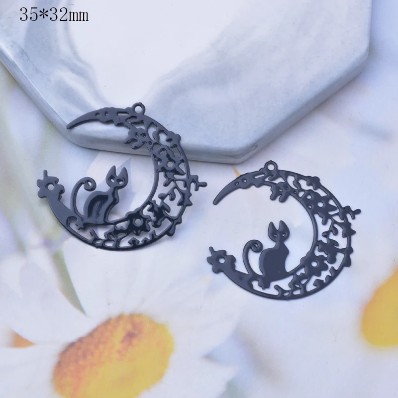 10 Stück Metall-Messing-Mond- und Katzenanhänger, schwarze dünne Anhänger für DIY-Schmuckherstellung, Ohrring-Zubehör – Detail 7