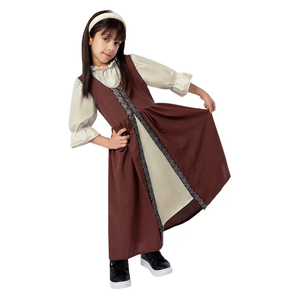 Kids Girls Medieval Renaissance Retro Cosplay Brown Dress Costume Court Palace Clothing Outfits Halloween Carnival Party Suit