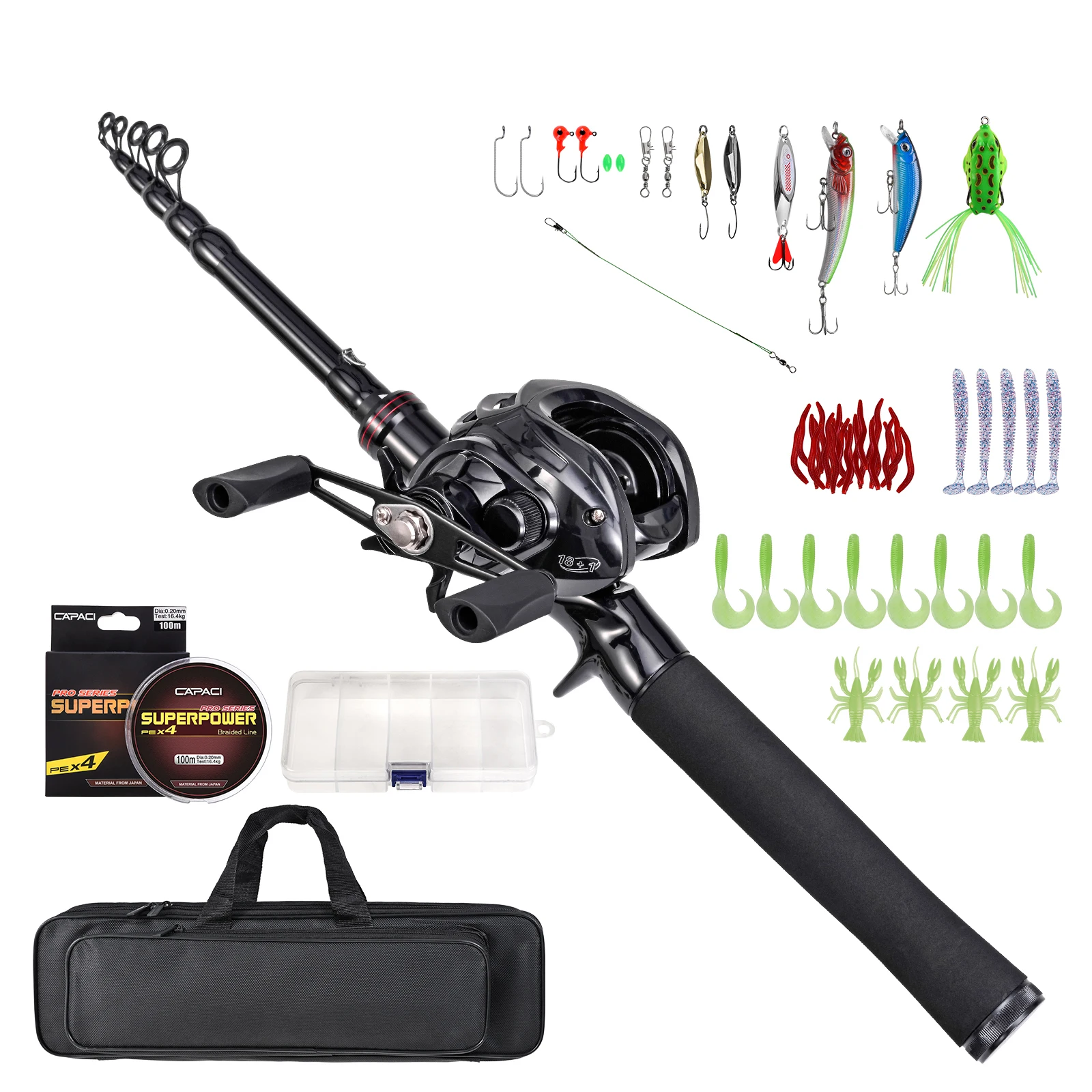 

Fishing Rod & Reel Combo Set Portable Telescopic 180cm/210cm with Spinning Reels Bait and Hook Saltwater Fishing Tackle Bag