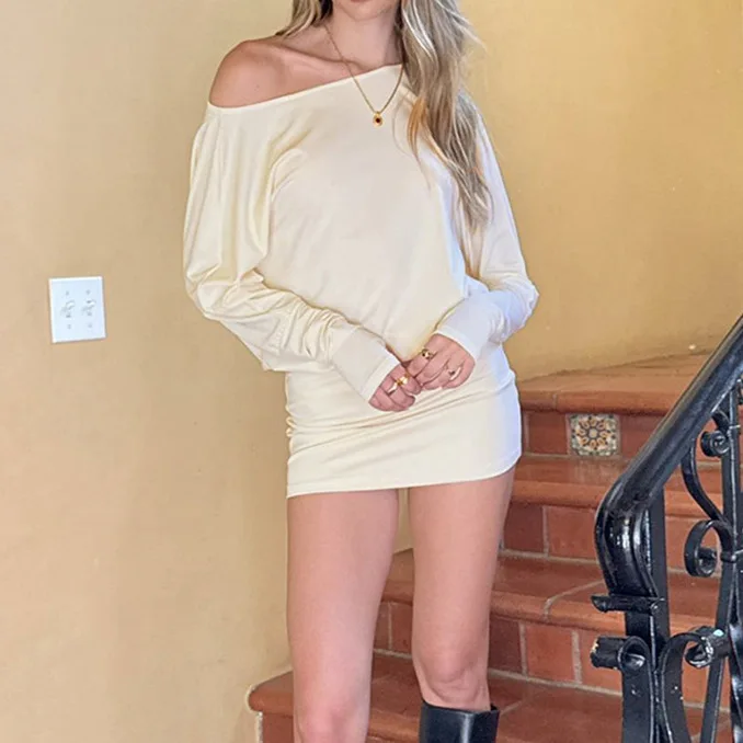 

Women Cream Off Shoulder Mini Dress Long Puff Sleeve Open Back Tie Detail Bodycon Gown Elegant Casual Outfit Dating & Night Out