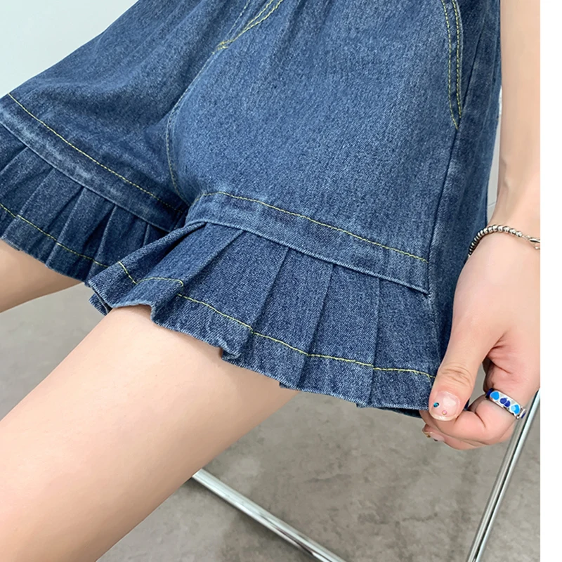 Loose Plus Size Women's Denim Shorts Skirts Summer Elastic Waist Wide Leg Jeans Shorts Woman Cotton Pleated Kawaii Short Pants image 6