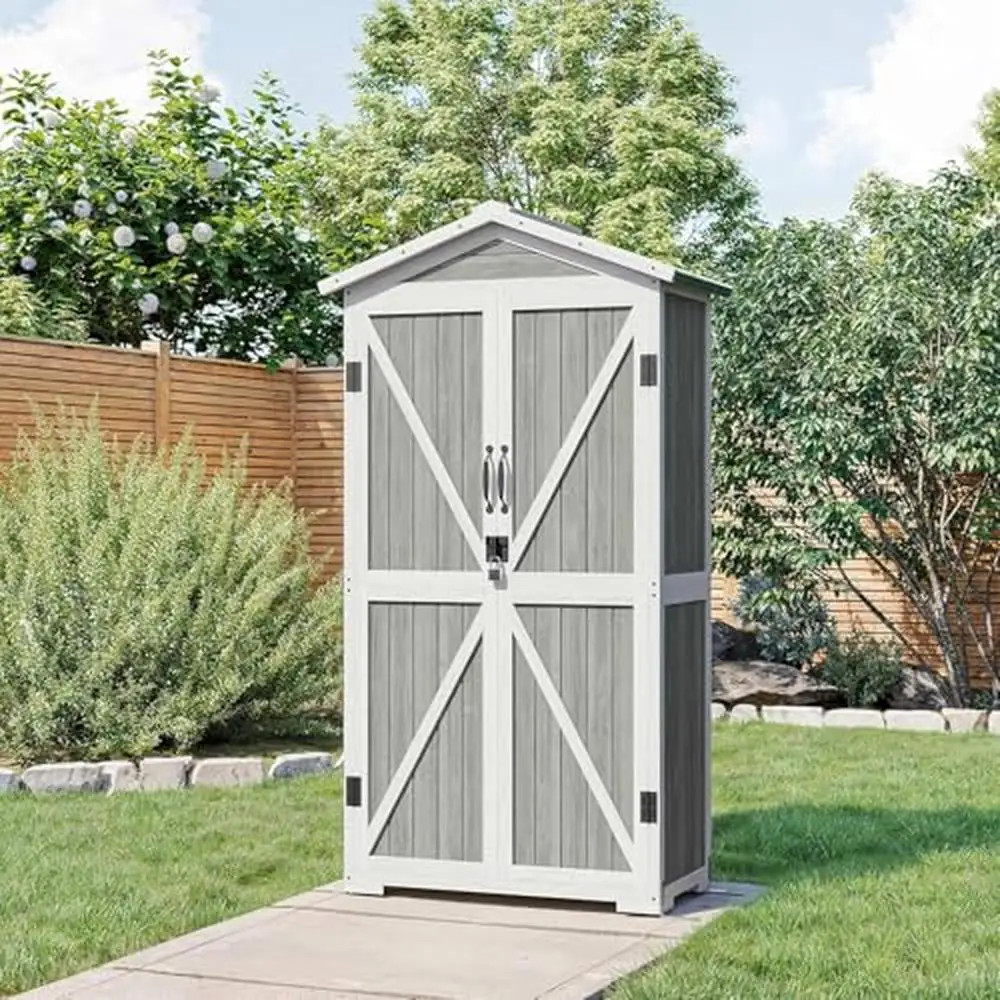 

Outdoor Wooden Garden Storage Shed Lockable Tall Cabinet Waterproof with 4 Shelves Tool Organizer Lawn Mowers Rakes Brooms and