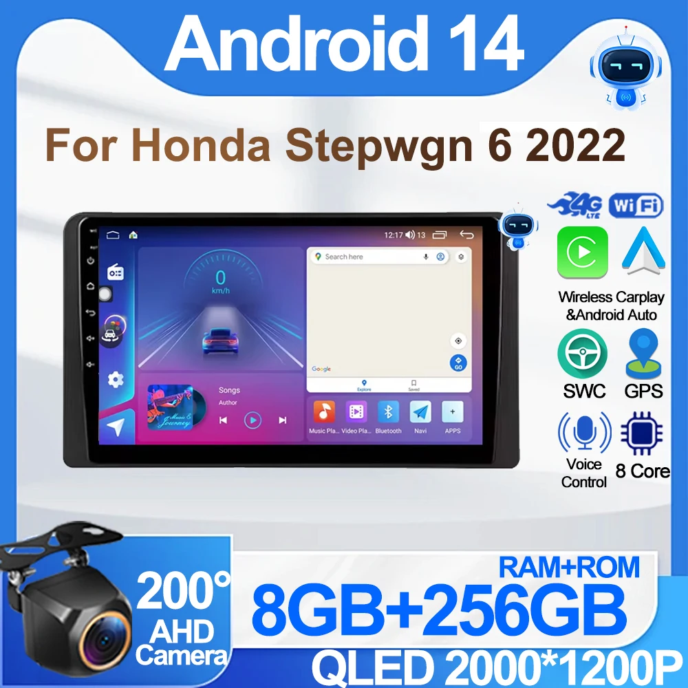 

8-ядерный Android 14 10,2-дюймовый автомобильный радиоплеер для Honda Stepwgn 6 2022, задняя камера, зеркальная связь DSP Carplay