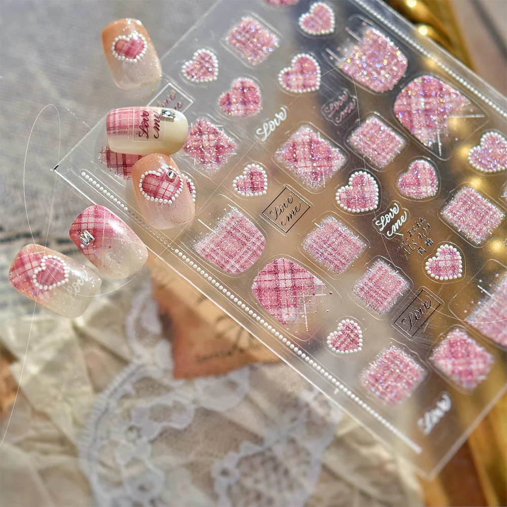 1 Uds. De pegatinas para uñas con textura de lana dulce, rejilla de corazón, collar de perlas francesas de amor a cuadros, calcomanías para uñas, deslizadores de manicura de estilo coreano Y2K