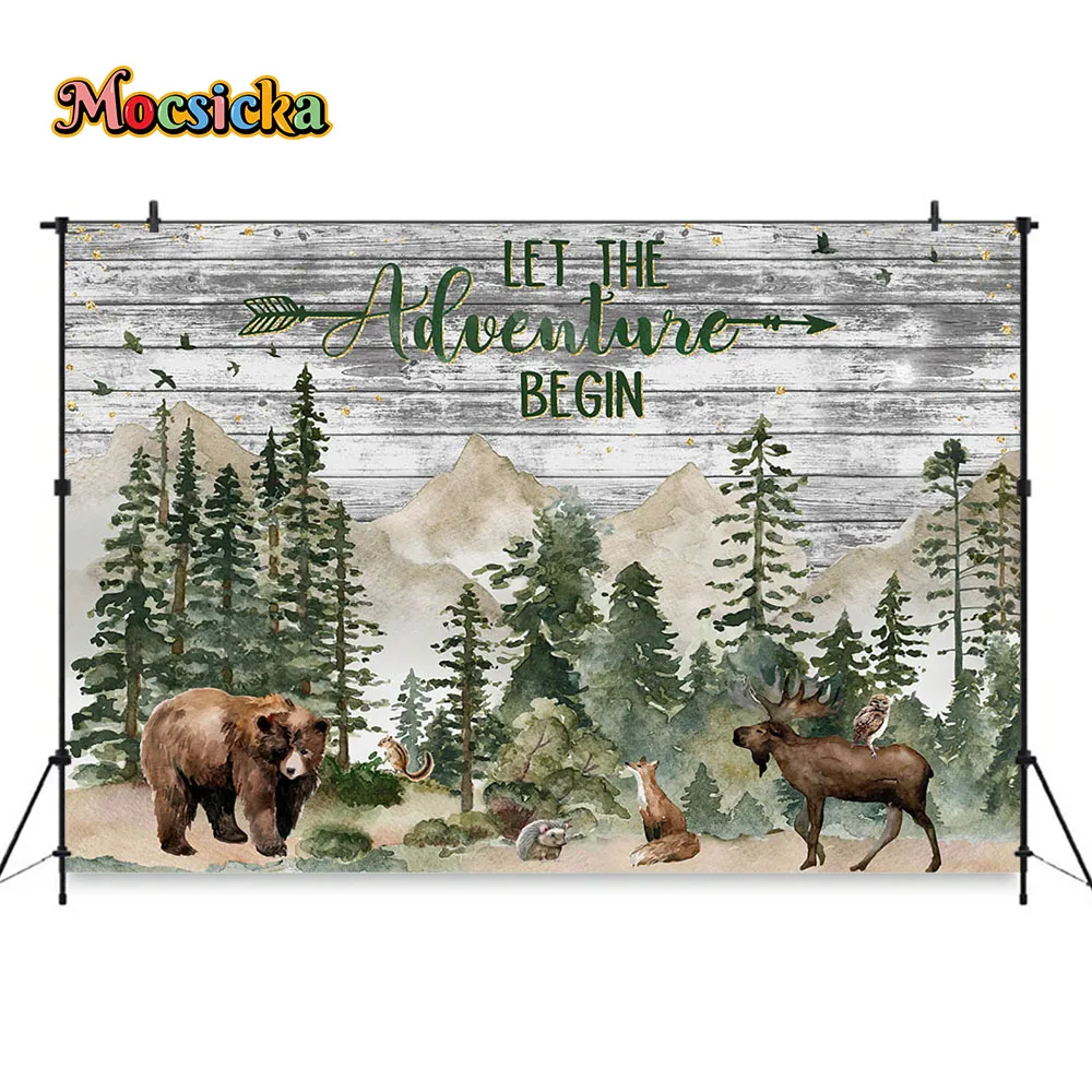 Wild One Baby Shower Backdrops Let the Adventure Begin Backgrounds Banners Forest Animal Theme Birthday Party Wooden Photobooth