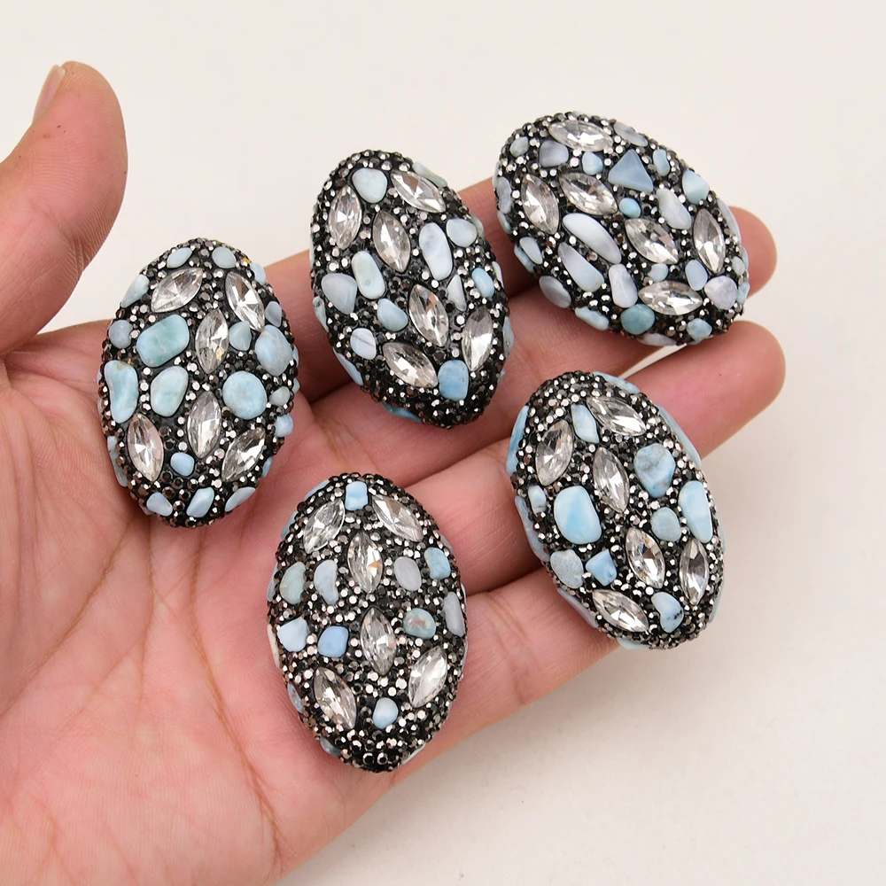 

APDGG 5Pcs Big Natural Blue Larimar Crystal Pave CZ Rhinestone Oval Shape Connector Spacer Beads Bracelet Necklace Jewelry DIY