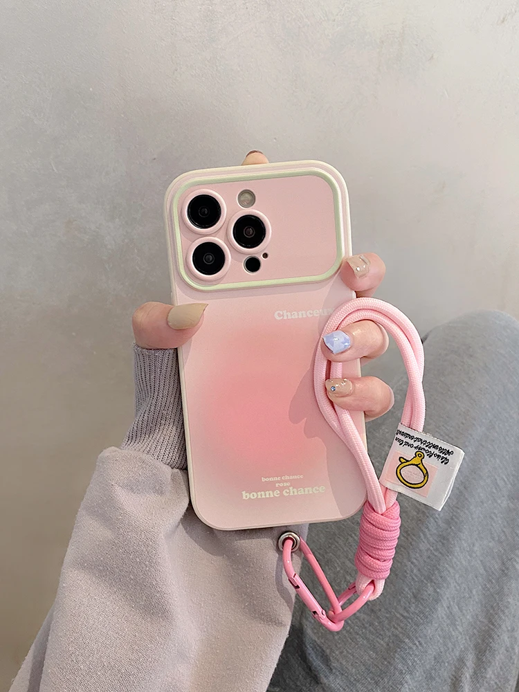 Gradient Pink Large Window Lens Cover Protective Case With Lanyard For iPhone 15 Pro Max 14 13 12 11 XS X XR 7 8 Plus