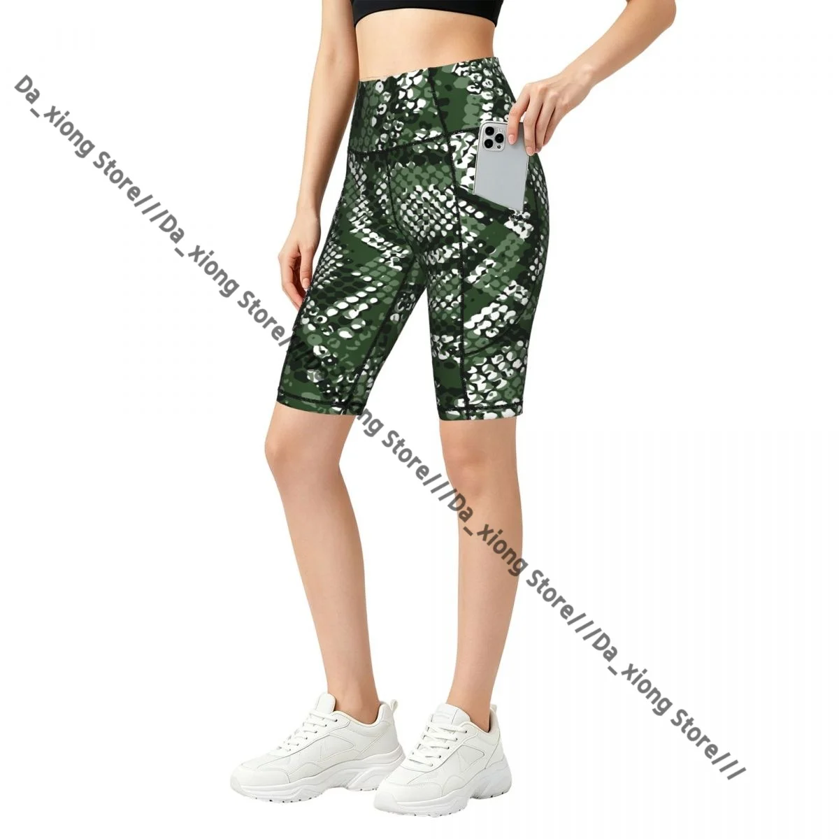Green Snake Skin Pattern High Elastic Yoga Outdoor Sports Jogging Shorts