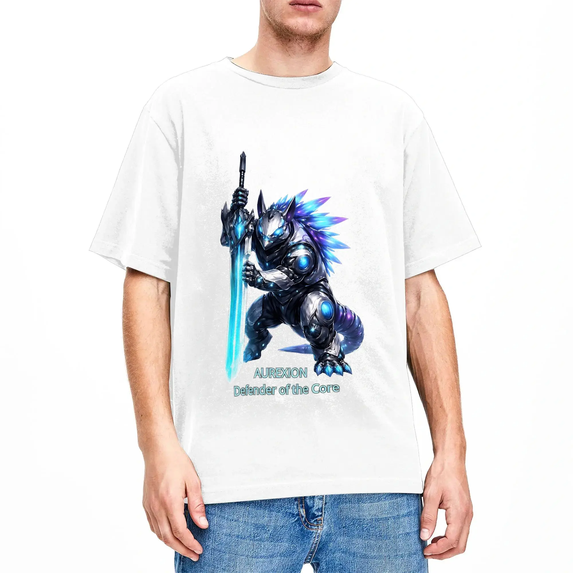 Aurexion   Defender Of The Core  Futuristic Guardian Beast With Energy Sword  T-Shirt Summer T Shirts For Mens Pattern Tees