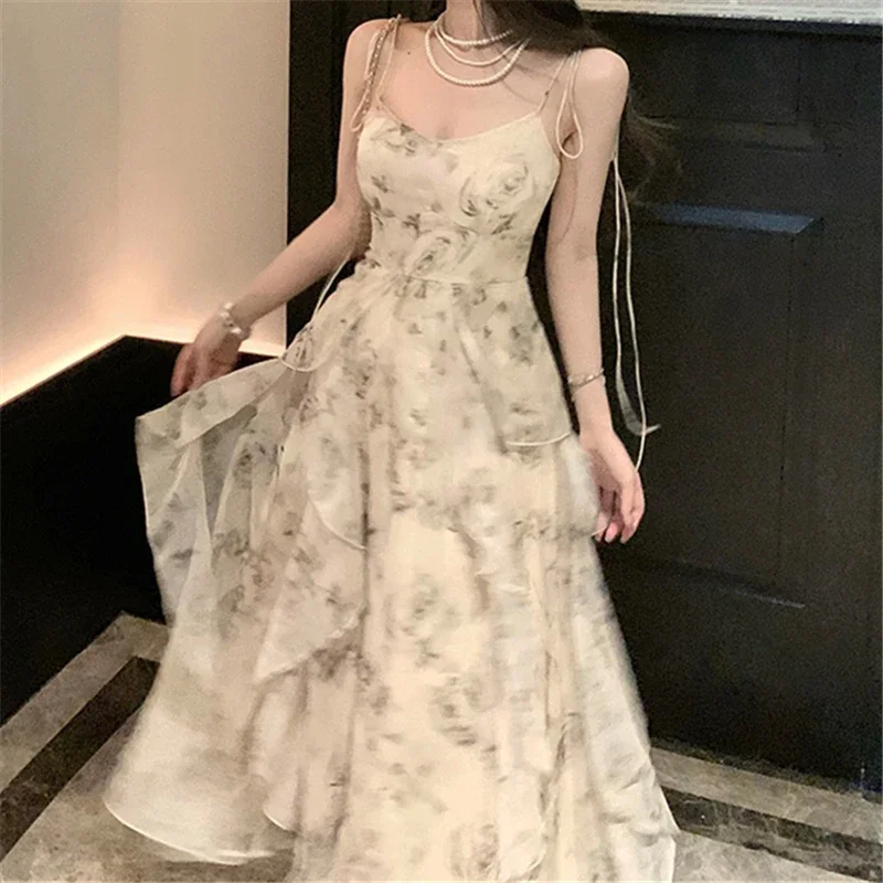 

French Style Pure Desire Temperament Floral Suspender Dress with Women's High-end Design Sense, Irregular Printed Long Skirt