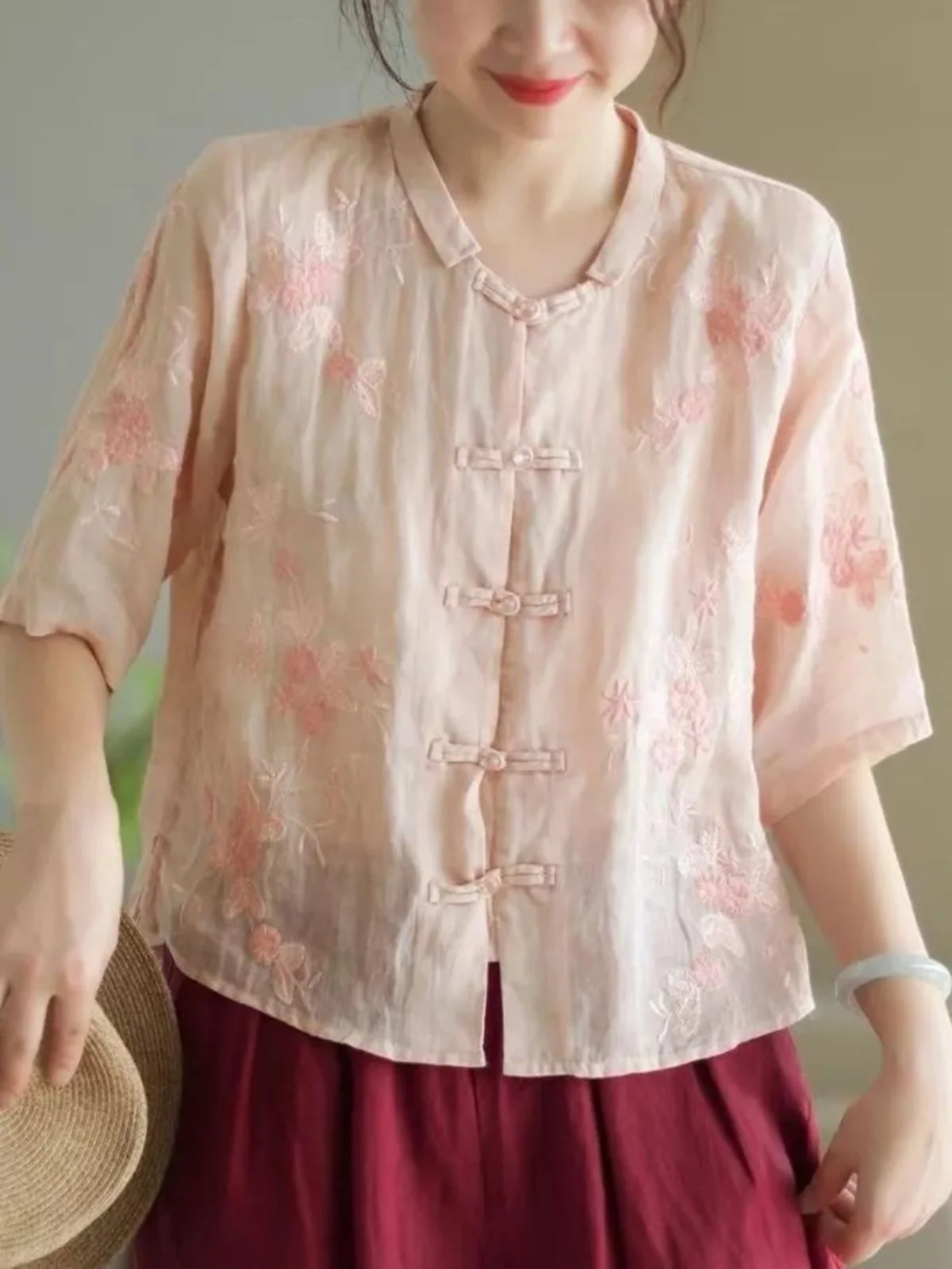 Chinese Traditional Embroidered Shirt Women Summer Half Sleeve Button Up Blouse Traditional Chinese Clothing for Women TS-887
