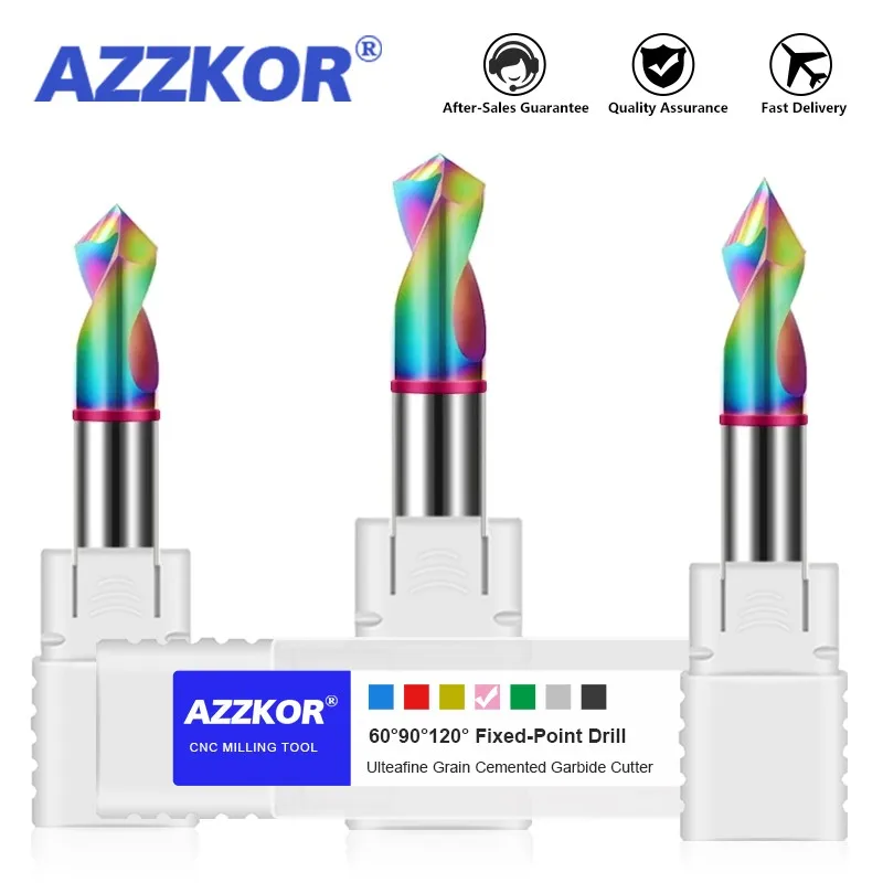 

AZZKOR HRC60 2-Blade Tungsten Steel Carbide Colorful Coating Chamfer Centering Drill For CNC Machining Center 60° 90° 120° Bit