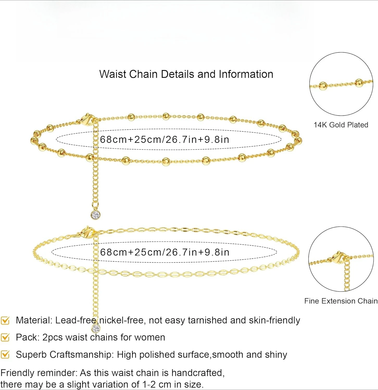 14K Gold Plated Waist Chain Women Layered Waist Beads Belly Body Gold Chain Belt, Waterproof Summer Beach Jewelry for Bikini - view 5