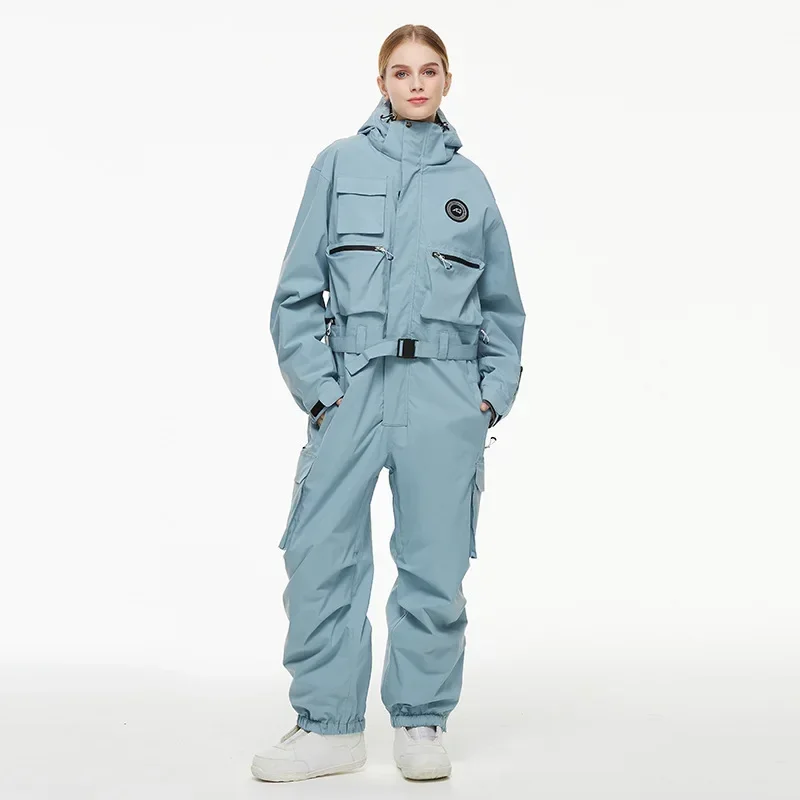 Set Ski wanita baru musim dingin 2025 Jumpsuit Ski hangat tahan angin kedap air bertudung ritsleting set Ski poliester padat antilembap setelan salju