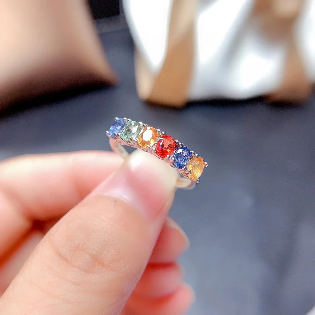 100% Natural 3mm*4mm Multicolor Sapphire Ring for Daily Wear 925 Silver Sapphire Jewelry Brithday Gift for Wife