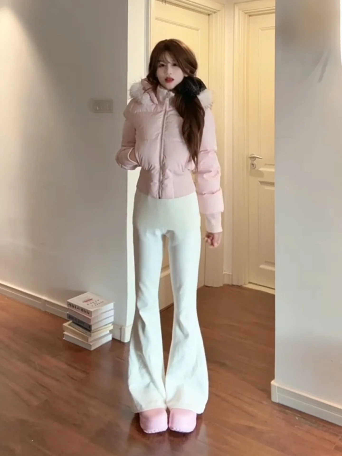 

Корейская женская пуховая куртка с меховым воротником, синее хлопковое пальто в рубчик, приталенное, с эффектом утяжки талии, зимнее, премиум-класса, маленький размер