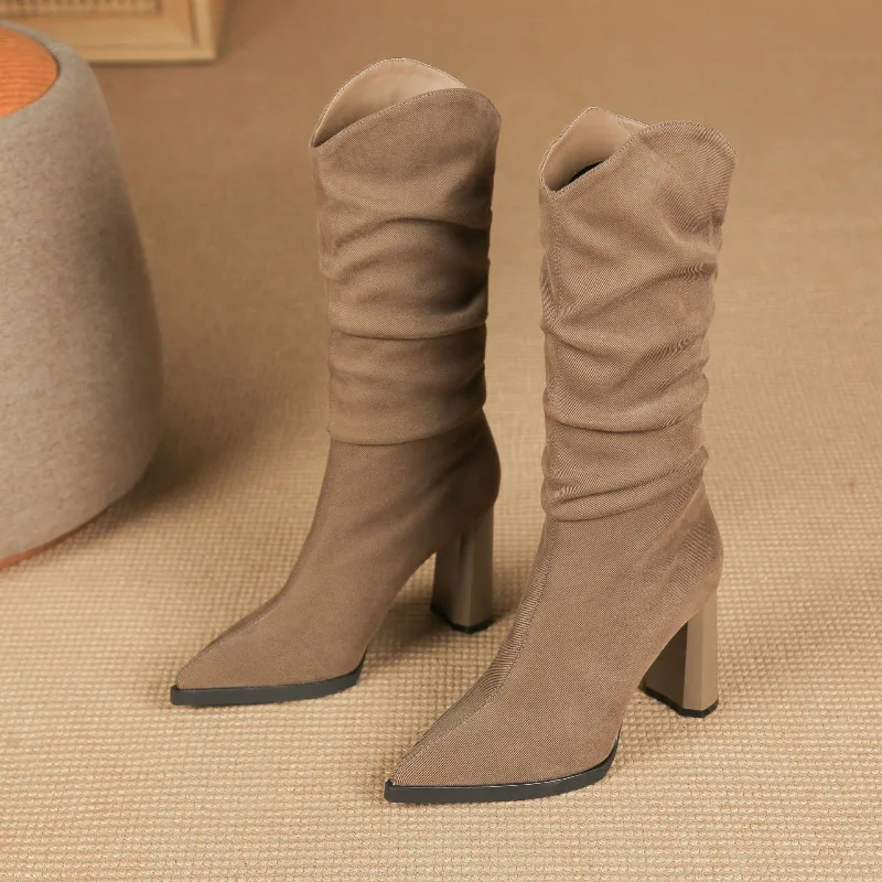 

Pointed Toe High Heel Stacked Boots Mid Calf Western Cowgirl Fashion Boots