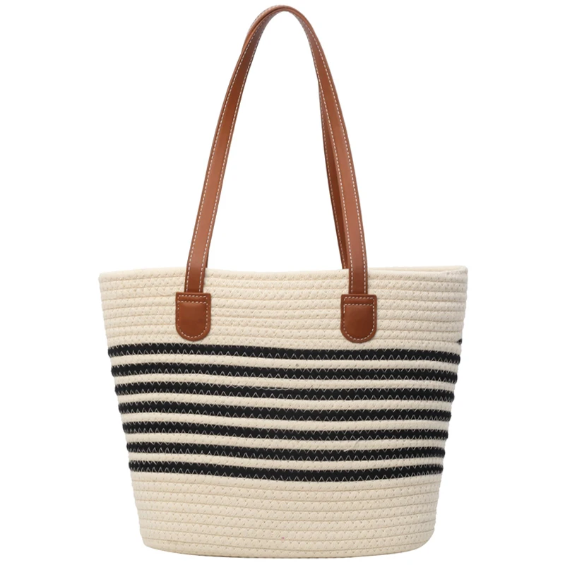 Striped Design Straw Tote Bag Large Capacity Beach Boho Style Handbag Fulfilment Shopping Bag