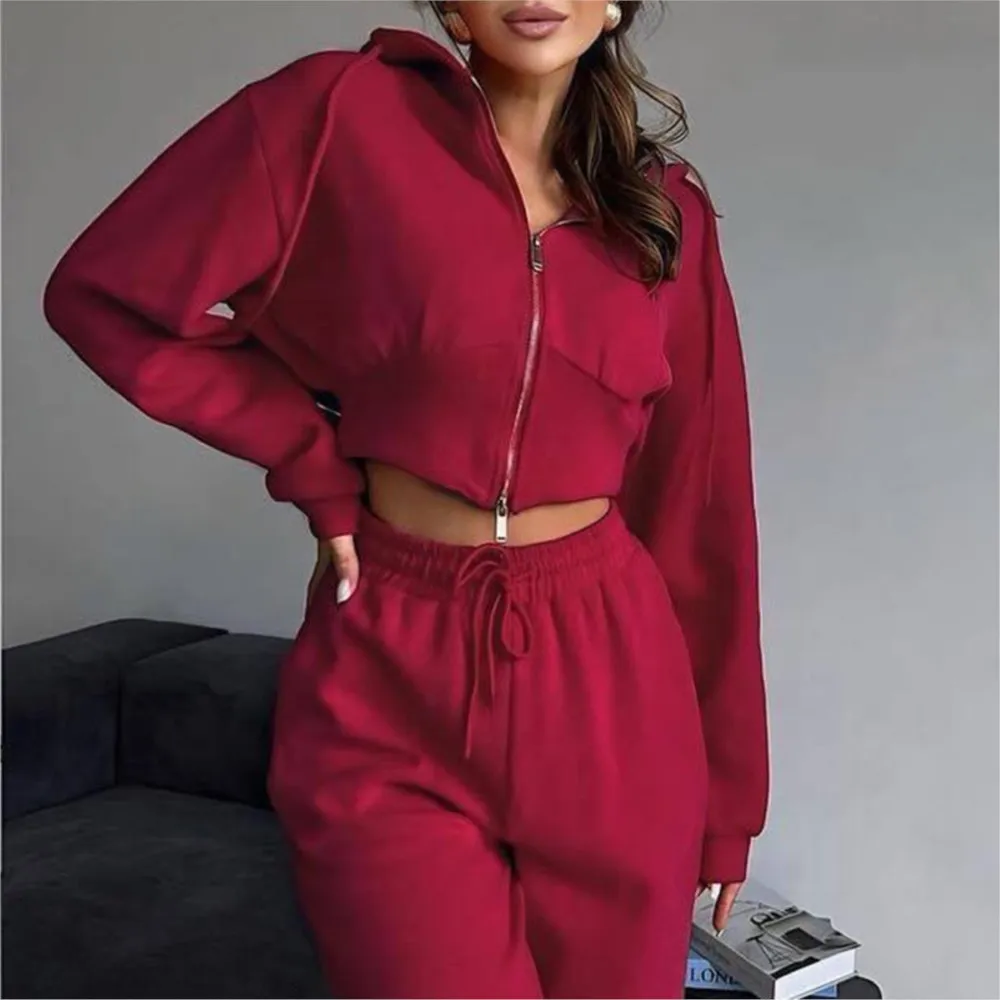 Casual Women's Suit Long-sleeved Zipper Hooded Sweatshirt Solid Color Lace-up Pants Two-piece Set Simple Style Commuting Trendy